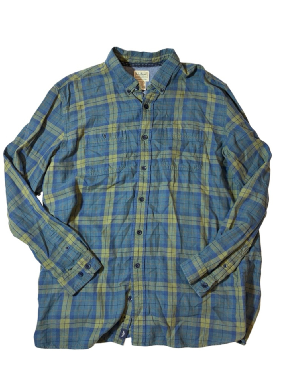 LL Bean Plaid Button Down Shirt XLT Slight Fit Blue Green Organic Cotton Lyocell